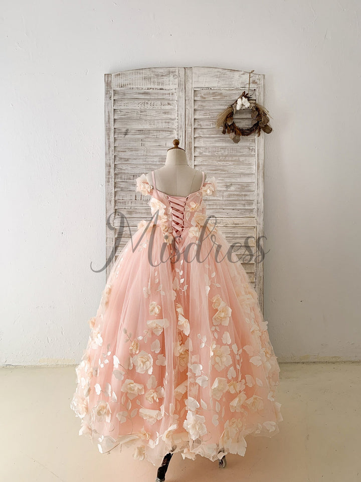 Peach 3D Lace Tulle Off Shoulder Flower Girl Dress Kids Pageant Gown 2T