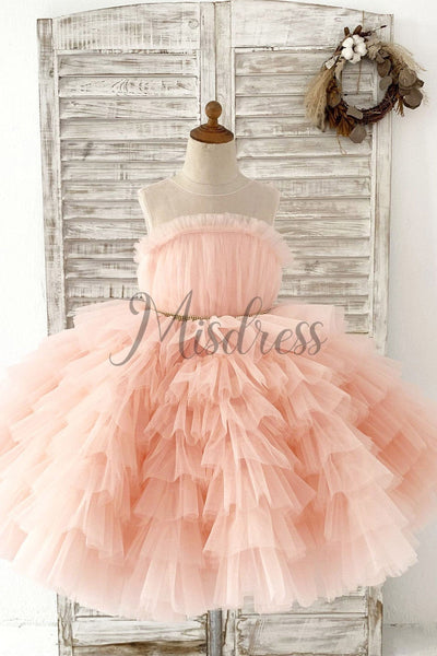 Blush Pink Cupcake Tulle Wedding Flower Girl Dress Kids Party Dress