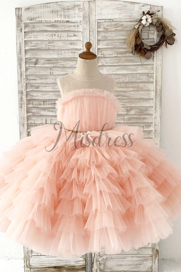 Blush Pink Cupcake Tulle Wedding Flower Girl Dress Kids Party Dress