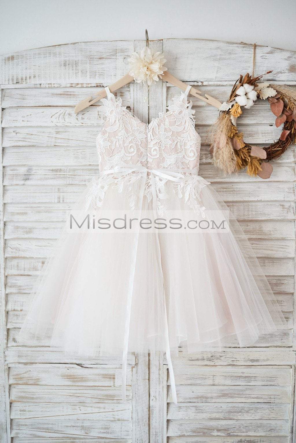 Ivory Lace Tulle Spaghetti Straps Wedding Flower Girl Dress With Beaded Belt - Flower Girl Dresses