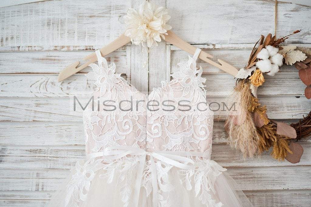 Peach Lace Tulle Spaghetti Straps Wedding Flower Girl Dress