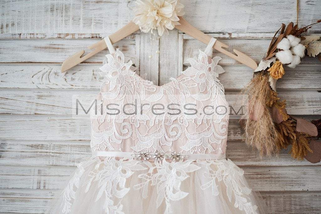Ivory Lace Tulle Spaghetti Straps Wedding Flower Girl Dress With Beaded Belt - Flower Girl Dresses