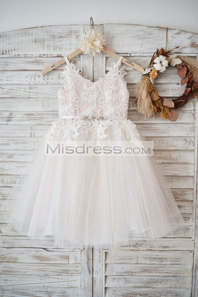 Ivory Lace Tulle Spaghetti Straps Wedding Flower Girl Dress With Beaded Belt - Flower Girl Dresses