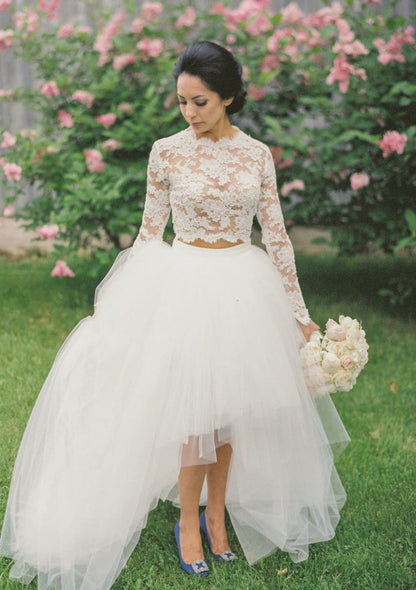 Two Piece Long Sleeve Ball Gown Lace Tulle High Low Wedding 