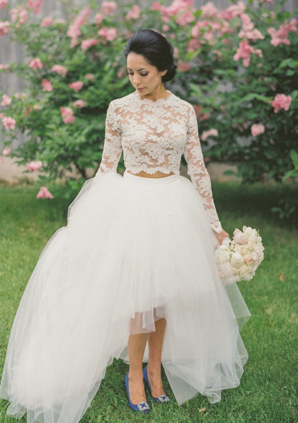 Two Piece Long Sleeve Ball Gown Lace Tulle High Low Wedding Dress