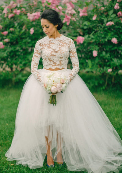 Two Piece Long Sleeve Ball Gown Lace Tulle High Low Wedding 