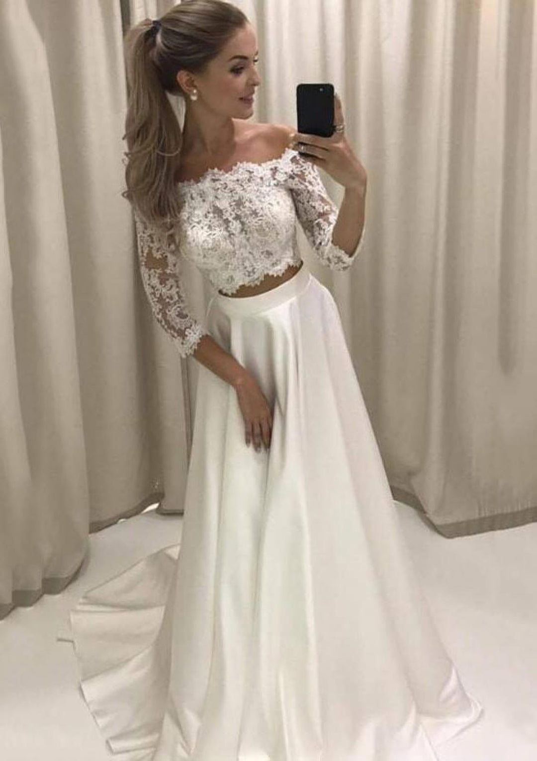 3 4 sleeve off the shoulder wedding dress Modest 3/4 Sleeve Off the Shoulder A Line Lace Wedding Dress PFW0147 Promfast