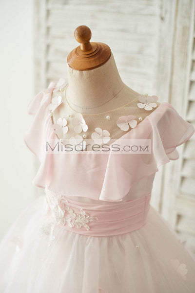 Pink Chiffon Tulle Sheer Neck Wedding Flower Girl Dress with Frills - Flower Girl Dresses