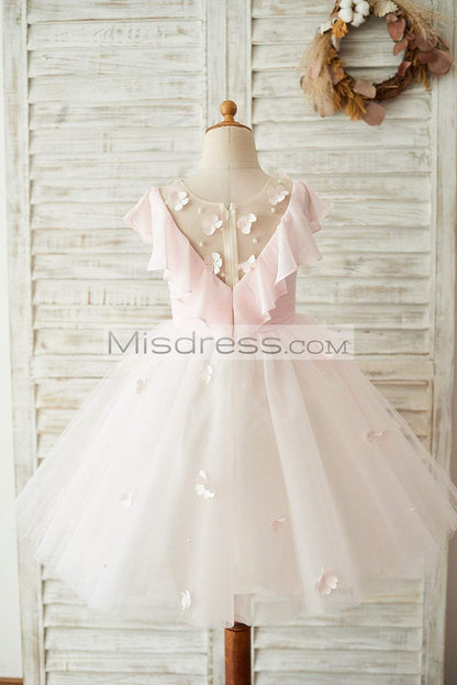 Pink Chiffon Tulle Sheer Neck Wedding Flower Girl Dress with Frills - Flower Girl Dresses