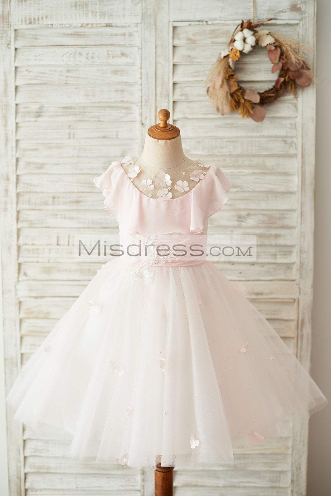 Pink Chiffon Tulle Sheer Neck Wedding Flower Girl Dress with Frills - Flower Girl Dresses