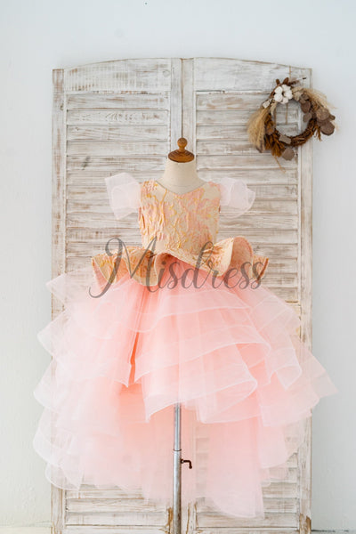 Pink Jacquard Hi Low Tulle Wedding Flower Girl Dress Kids Princess Party Dress - 2T