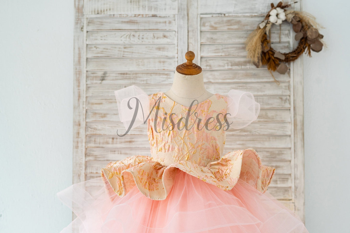 Pink Jacquard Hi Low Tulle Wedding Flower Girl Dress Kids Princess Party Dress