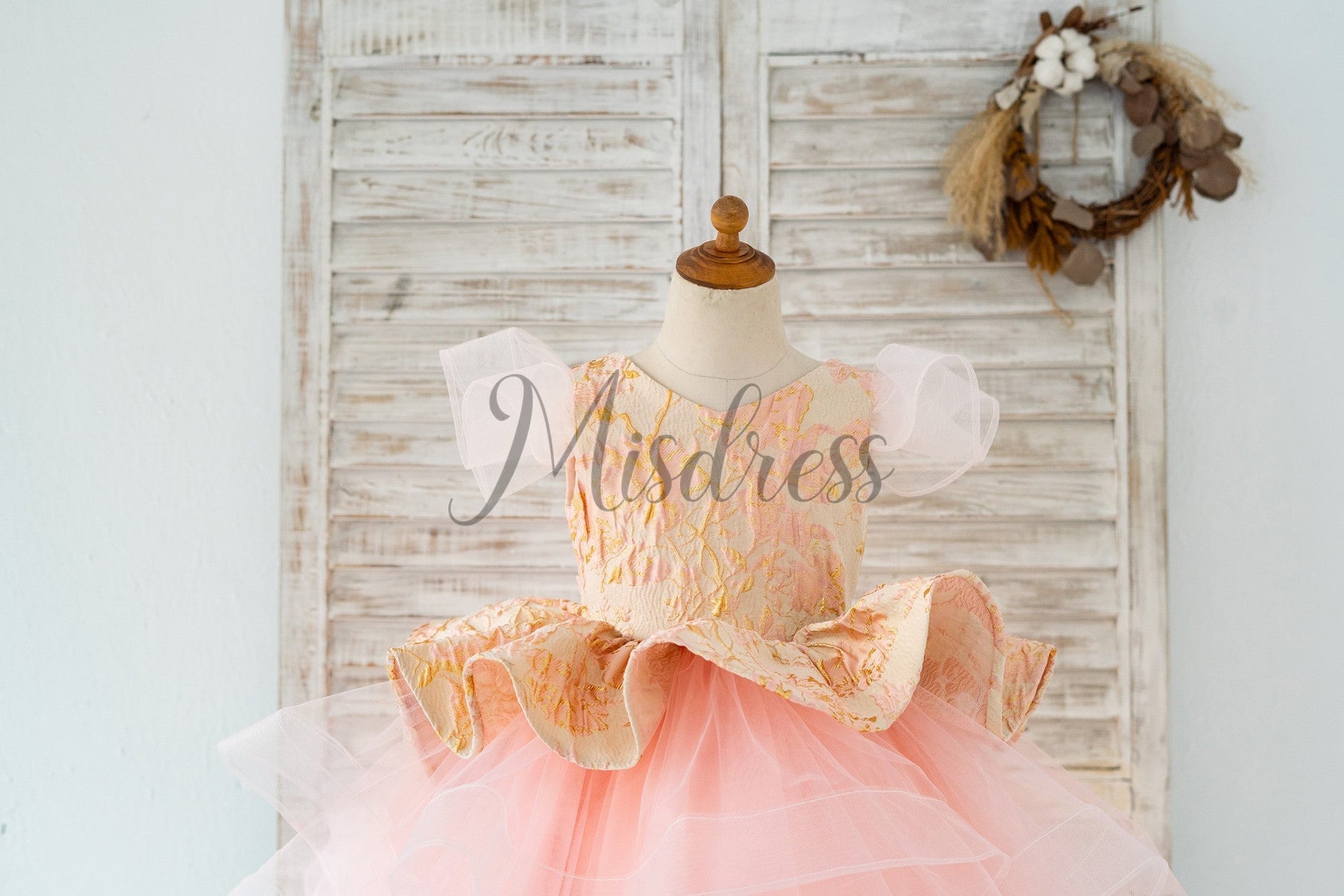 Pink Jacquard Hi Low Tulle Wedding Flower Girl Dress Kids Princess Party Dress