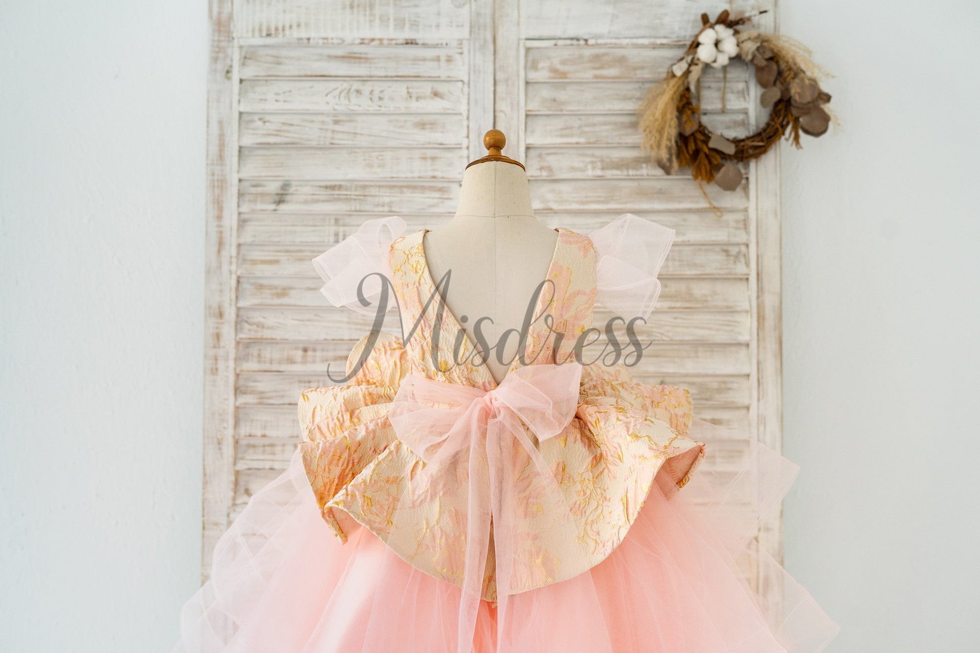 Pink Jacquard Hi Low Tulle Wedding Flower Girl Dress Kids Princess Party Dress