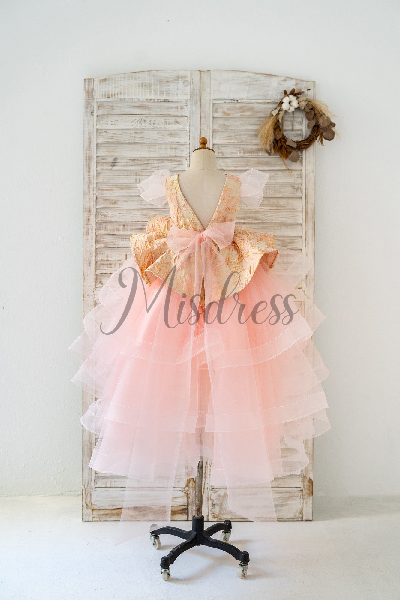 Pink Jacquard Hi Low Tulle Wedding Flower Girl Dress Kids Princess Party Dress