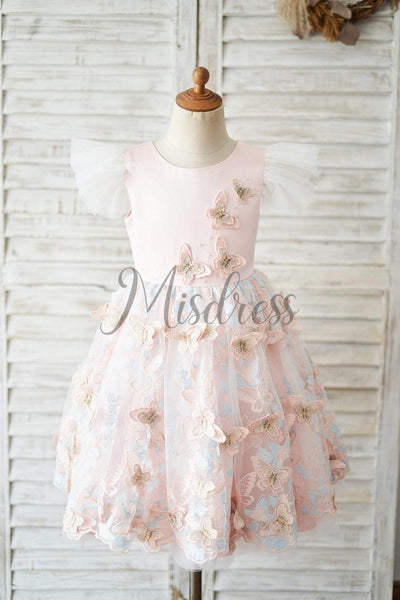 Pink Satin Butterfly Tulle Ruffle Cap Sleeves V Back Wedding Flower Girl Dress - Flower Girl Dresses