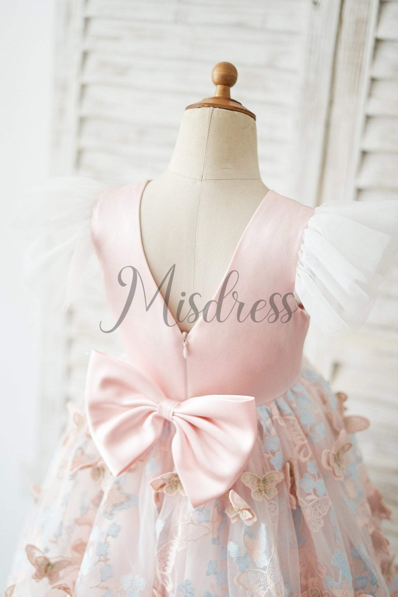 Pink Satin Butterfly Tulle Ruffle Cap Sleeves V Back Wedding Flower Girl Dress - Flower Girl Dresses