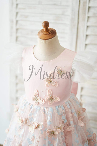 Pink Satin Butterfly Tulle Ruffle Cap Sleeves V Back Wedding Flower Girl Dress - Flower Girl Dresses
