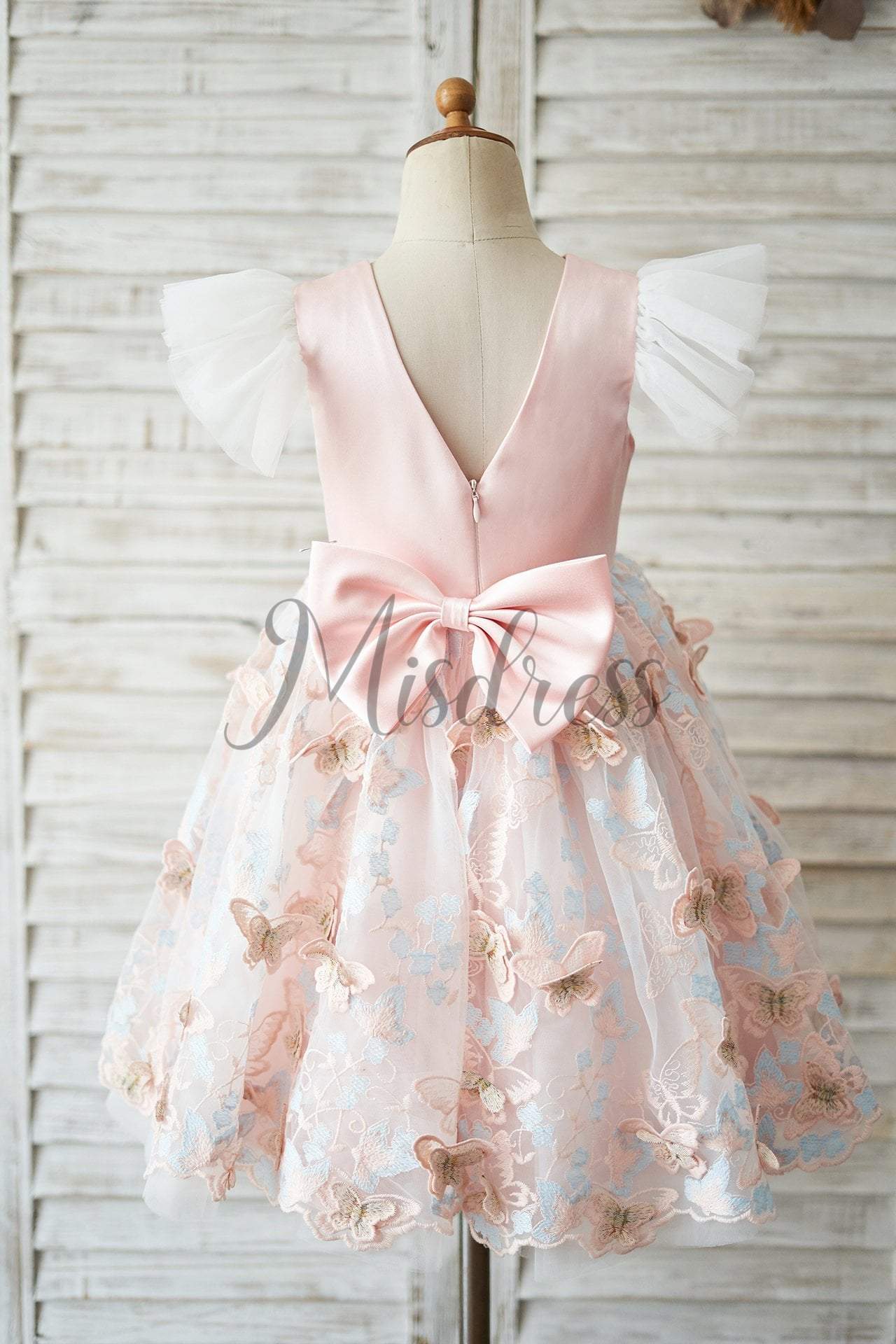 Pink Satin Butterfly Tulle Ruffle Cap Sleeves V Back Wedding Flower Girl Dress - Flower Girl Dresses
