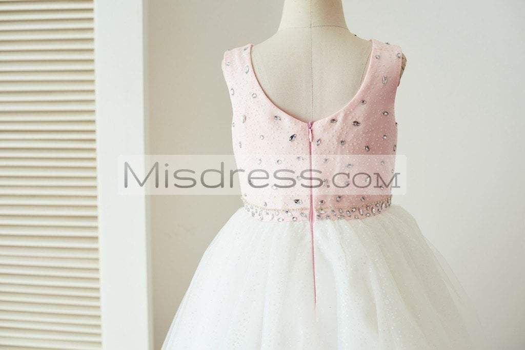 Pink Satin Ivory Glittering Dot Tulle Beaded Wedding Party Flower Girl Dress with Cape - Flower Girl Dresses