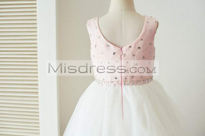 Pink Satin Ivory Glittering Dot Tulle Beaded Wedding Party Flower Girl Dress with Cape - Flower Girl Dresses