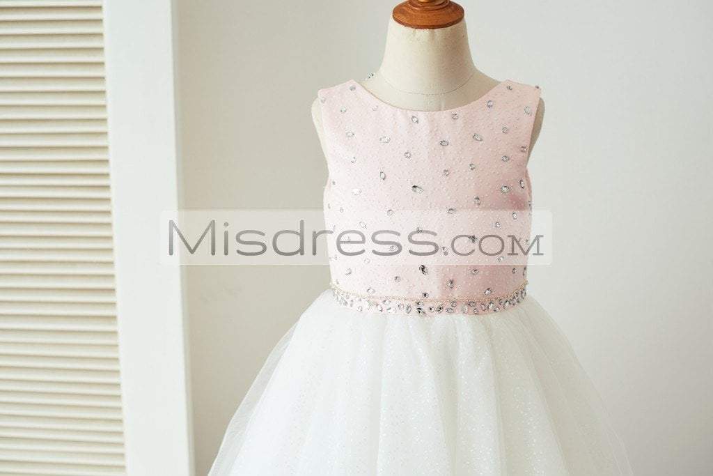 Pink Satin Ivory Glittering Dot Tulle Beaded Wedding Party Flower Girl Dress with Cape - Flower Girl Dresses