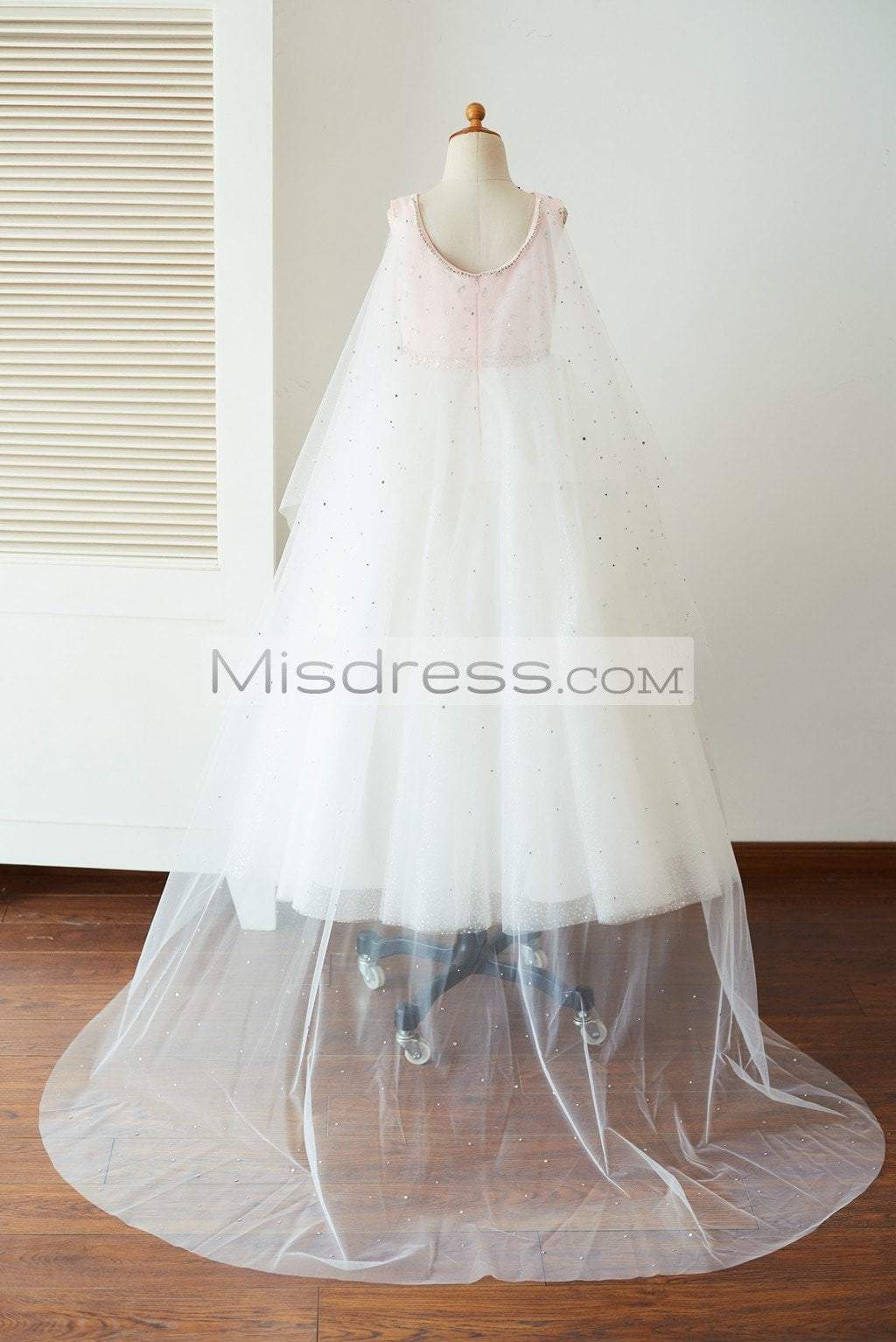 Pink Satin Ivory Glittering Dot Tulle Beaded Wedding Party Flower Girl Dress with Cape - Flower Girl Dresses