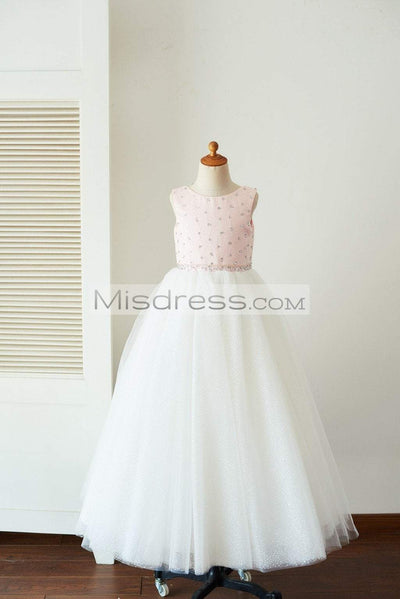 Pink Satin Ivory Glittering Dot Tulle Beaded Wedding Party Flower Girl Dress with Cape - Flower Girl Dresses