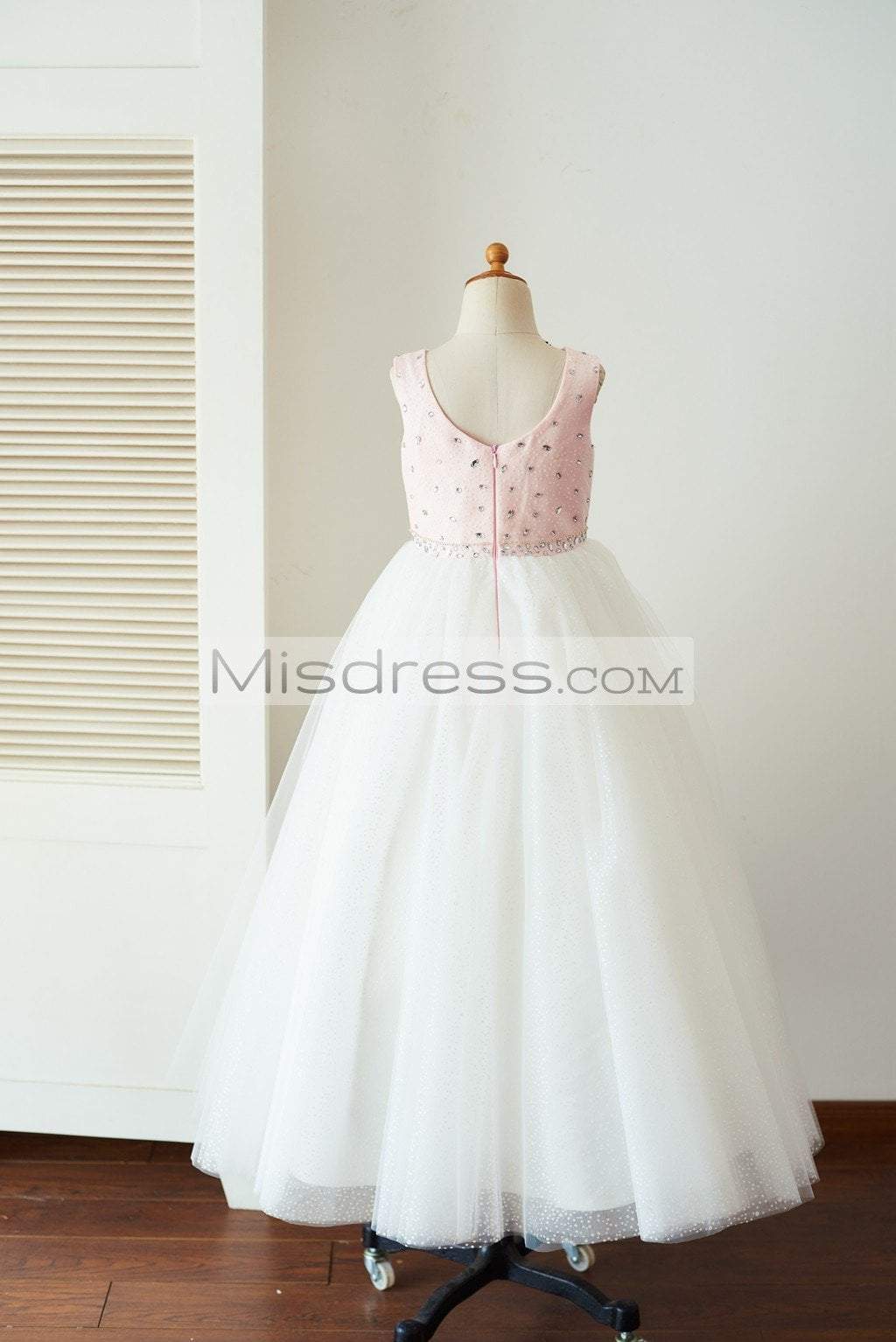 Pink Satin Ivory Glittering Dot Tulle Beaded Wedding Party Flower Girl Dress with Cape - Flower Girl Dresses