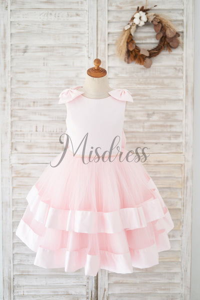 Pink Satin Tulle Cupcake Wedding Flower Girl Dress with Bow - 1T