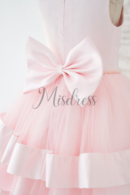 Pink Satin Tulle Cupcake Wedding Flower Girl Dress with Bow