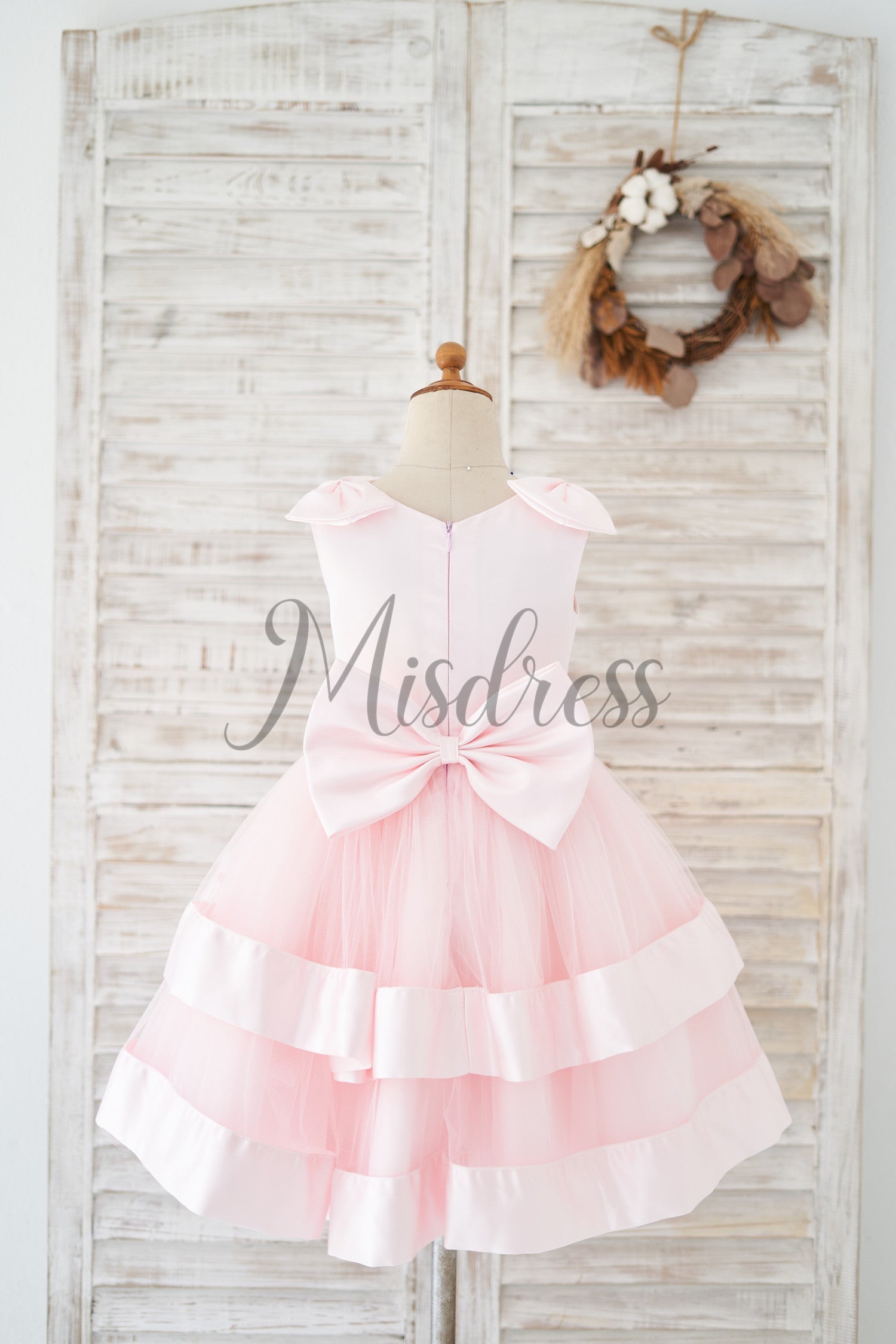 Pink Satin Tulle Cupcake Wedding Flower Girl Dress with Bow