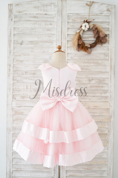 Pink Satin Tulle Cupcake Wedding Flower Girl Dress with Bow