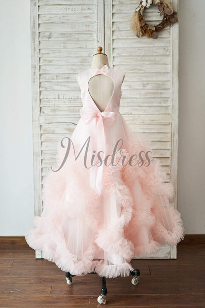Pink Satin Tulle Keyhole Back Ruffles Wedding Flower Girl Dress - Flower Girl Dresses