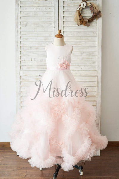 Pink Satin Tulle Keyhole Back Ruffles Wedding Flower Girl Dress - Flower Girl Dresses