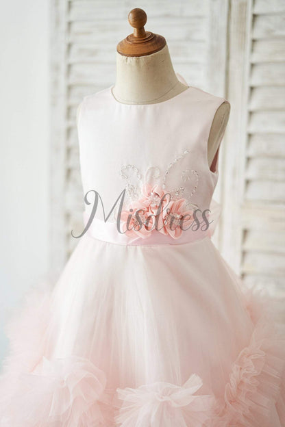 Pink Satin Tulle Keyhole Back Ruffles Wedding Flower Girl Dress - Flower Girl Dresses