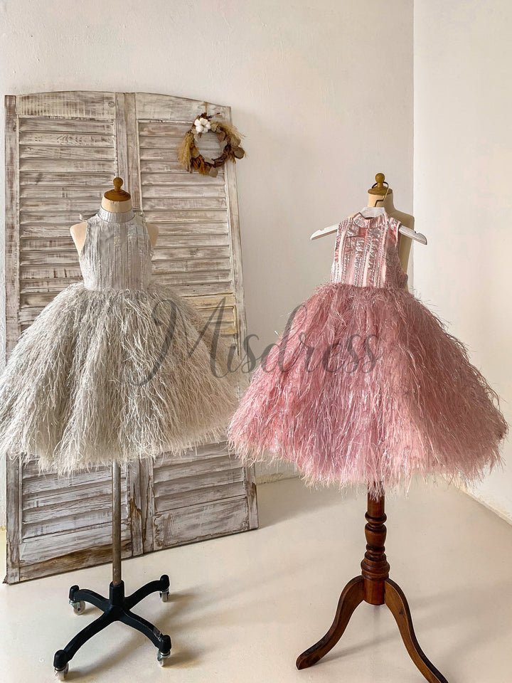 Pink / Silver Gray Jacquard Feather High Neck Wedding Party Flower Girl Dress - 1T / Pink