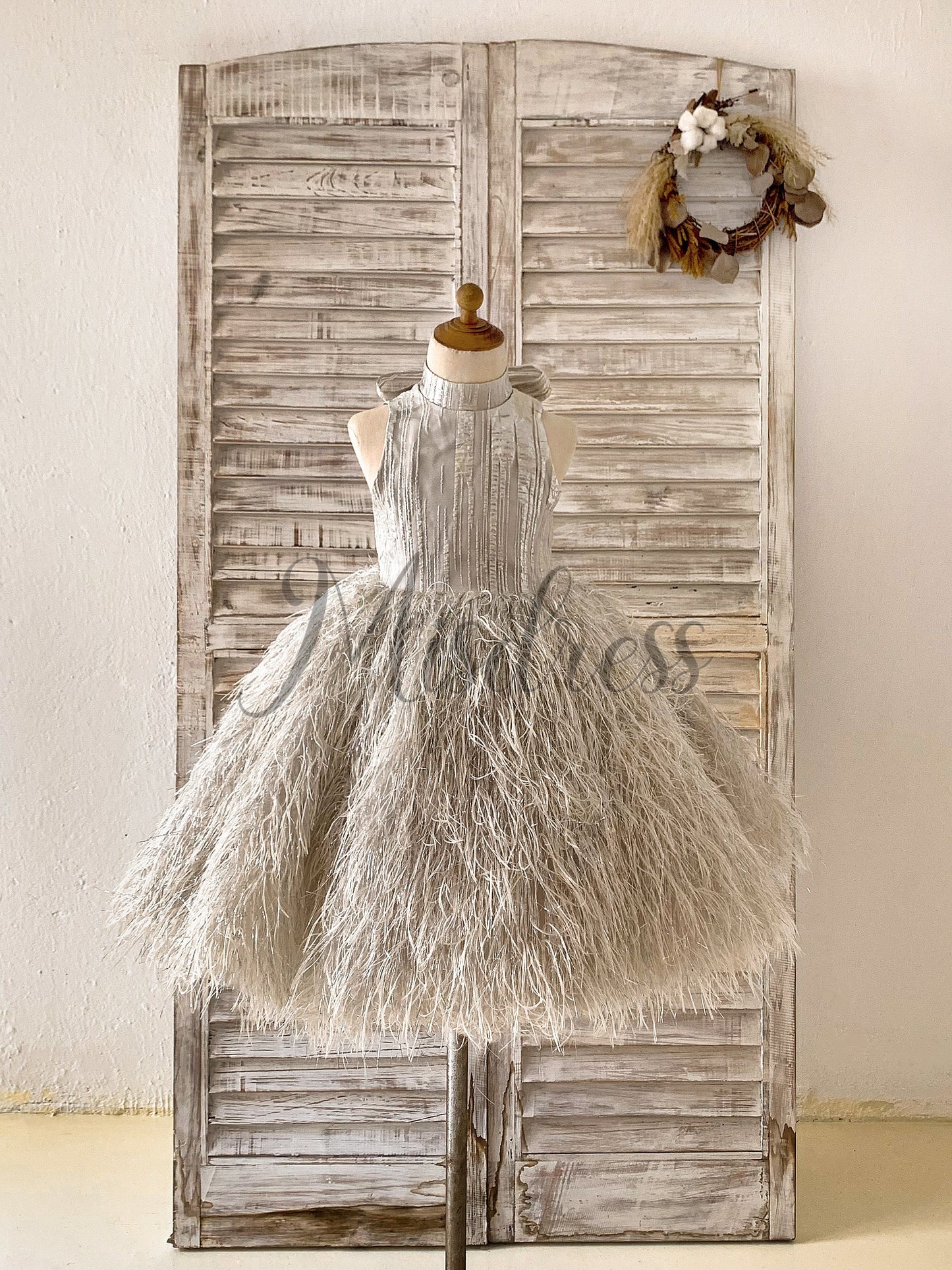 Pink / Silver Gray Jacquard Feather High Neck Wedding Party Flower Girl Dress - 1T / Silver