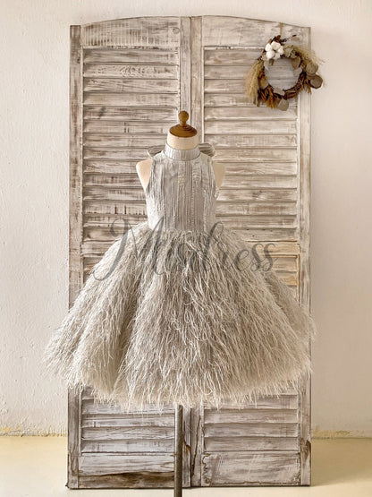 Pink / Silver Gray Jacquard Feather High Neck Wedding Party Flower Girl Dress - 1T / Silver