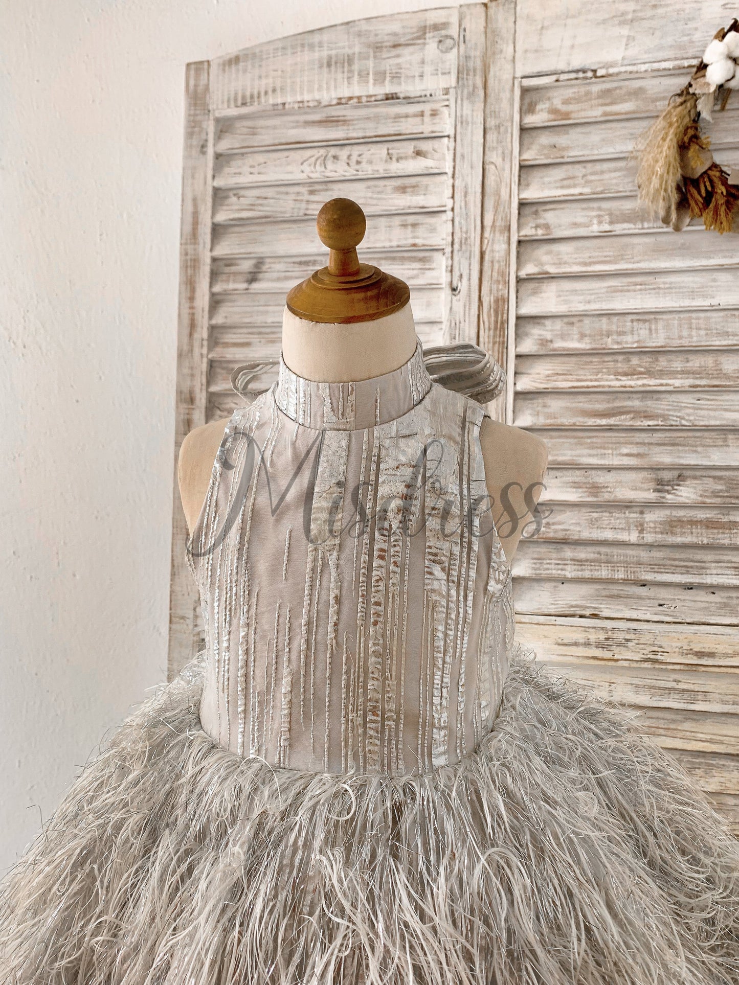 Pink / Silver Gray Jacquard Feather High Neck Wedding Party Flower Girl Dress