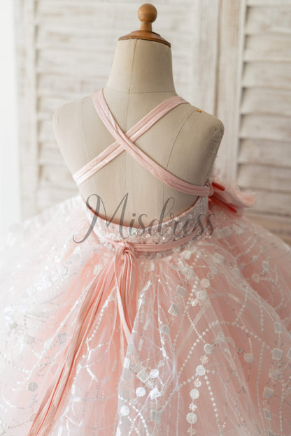 Pink Tulle Beaded Lace Wedding Flower Girl Dress Kids Party Dress