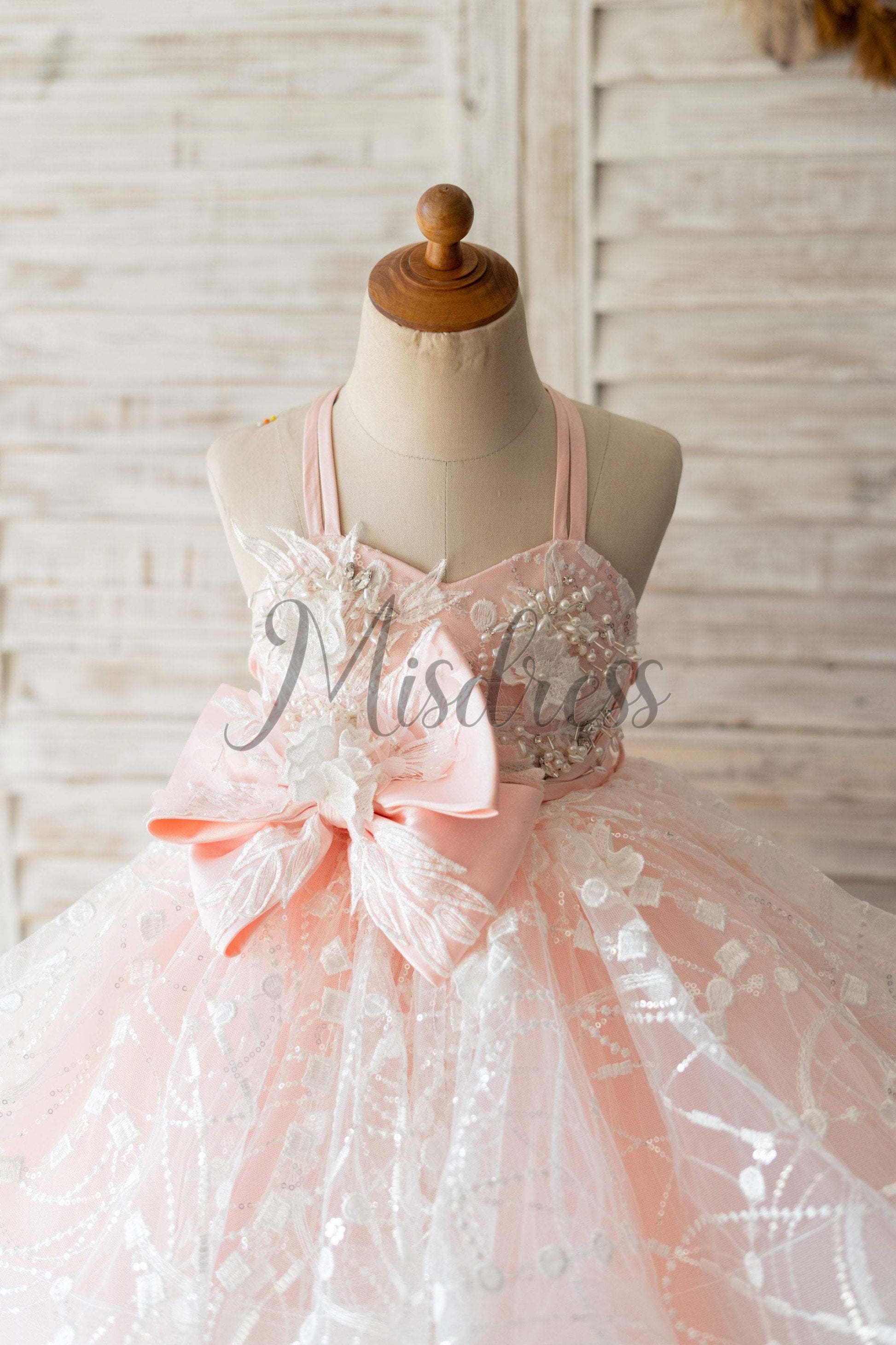 Pink Tulle Beaded Lace Wedding Flower Girl Dress Kids Party Dress