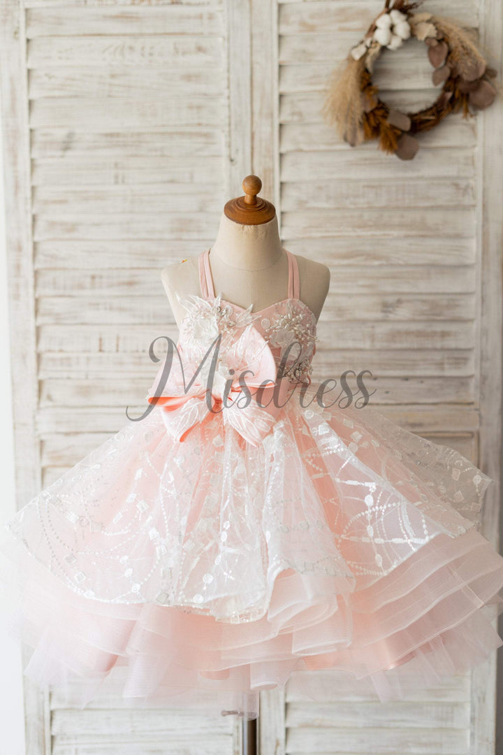 Pink Tulle Beaded Lace Straps Cross Back Wedding Flower Girl Dress Kid | Misdress Pink Tulle Beaded Lace Straps Cross Back Wedding Flower Girl Dress Kid | Misdress