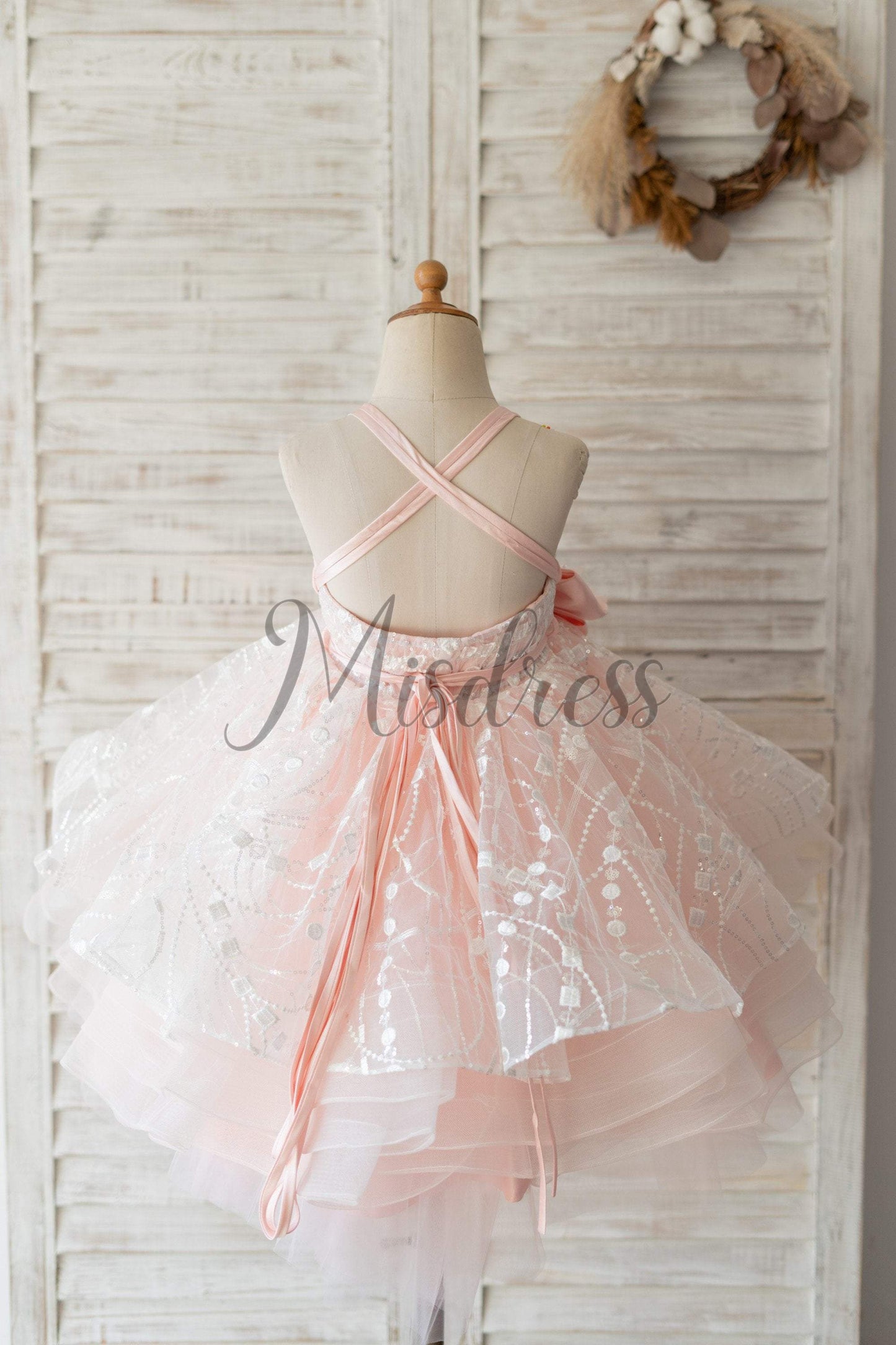 Pink Tulle Beaded Lace Wedding Flower Girl Dress Kids Party Dress