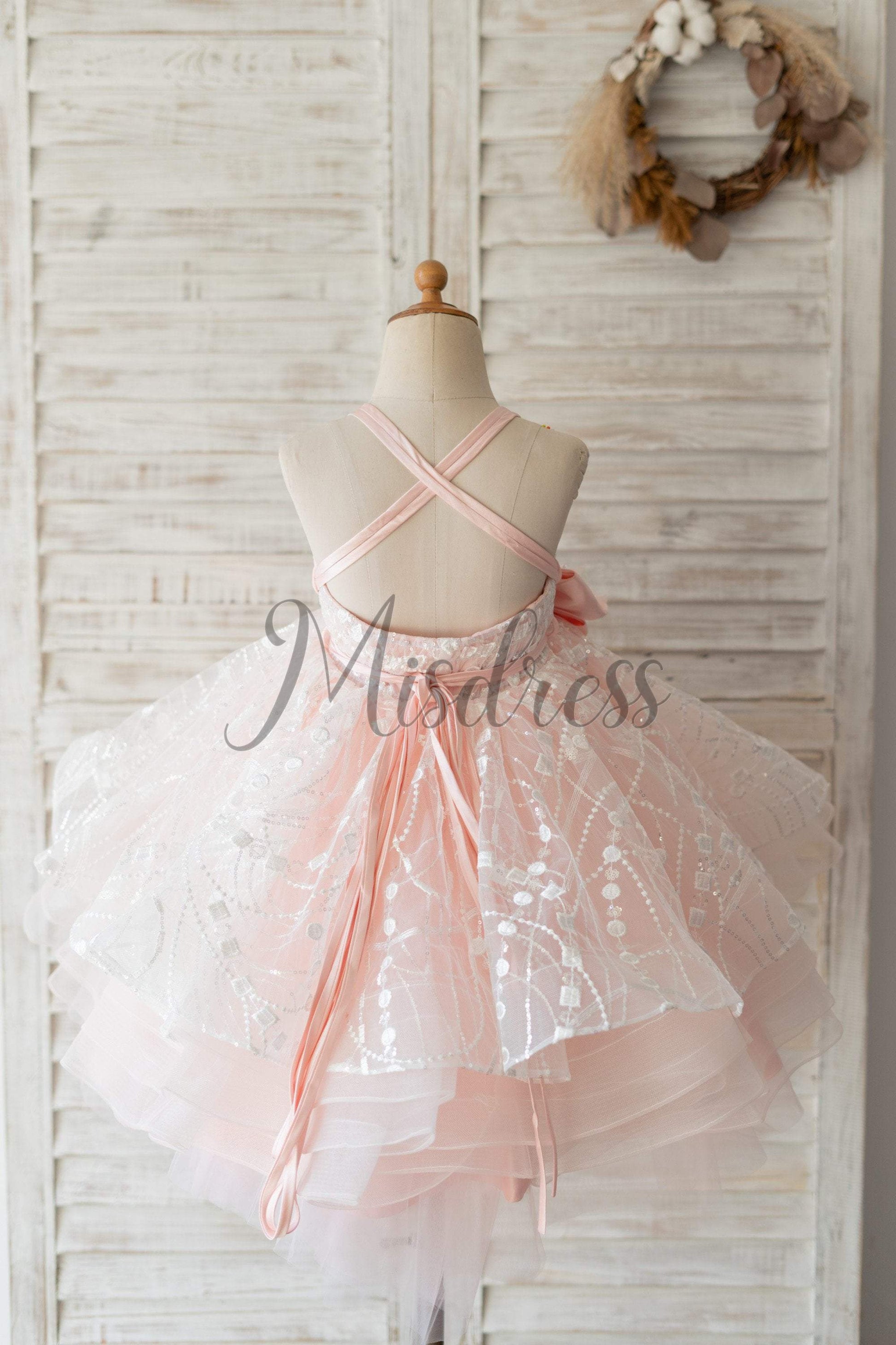 Pink Tulle Beaded Lace Wedding Flower Girl Dress Kids Party Dress