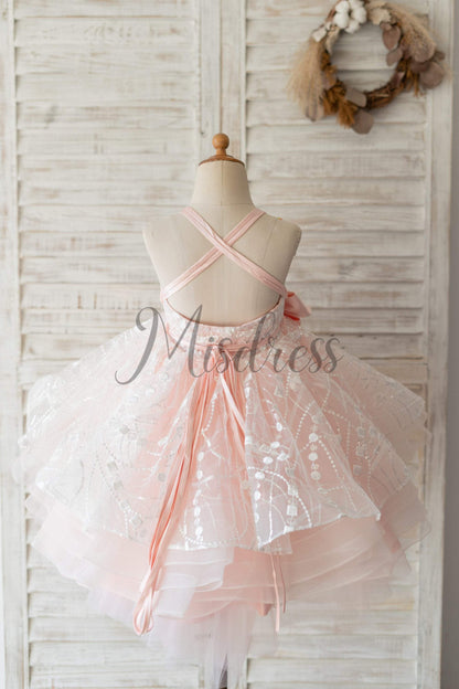 Pink Tulle Beaded Lace Wedding Flower Girl Dress Kids Party Dress
