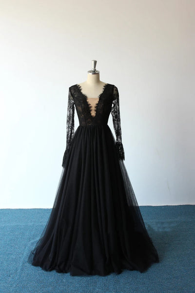 Plunge Long Sleeve Sweep Lace Tulle A-line Black Wedding