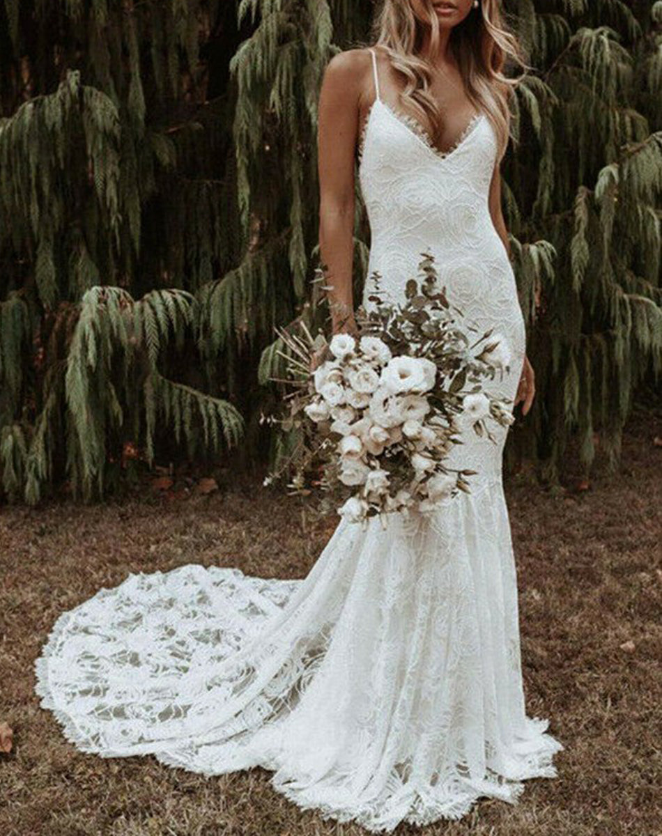 Vestido de novia de encaje con cuello en V, tirantes, sin mangas y cola de sirena