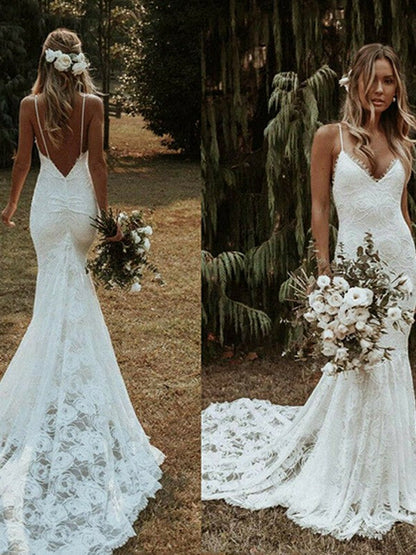 Vestido de novia de encaje con cuello en V, tirantes, sin mangas y cola de sirena