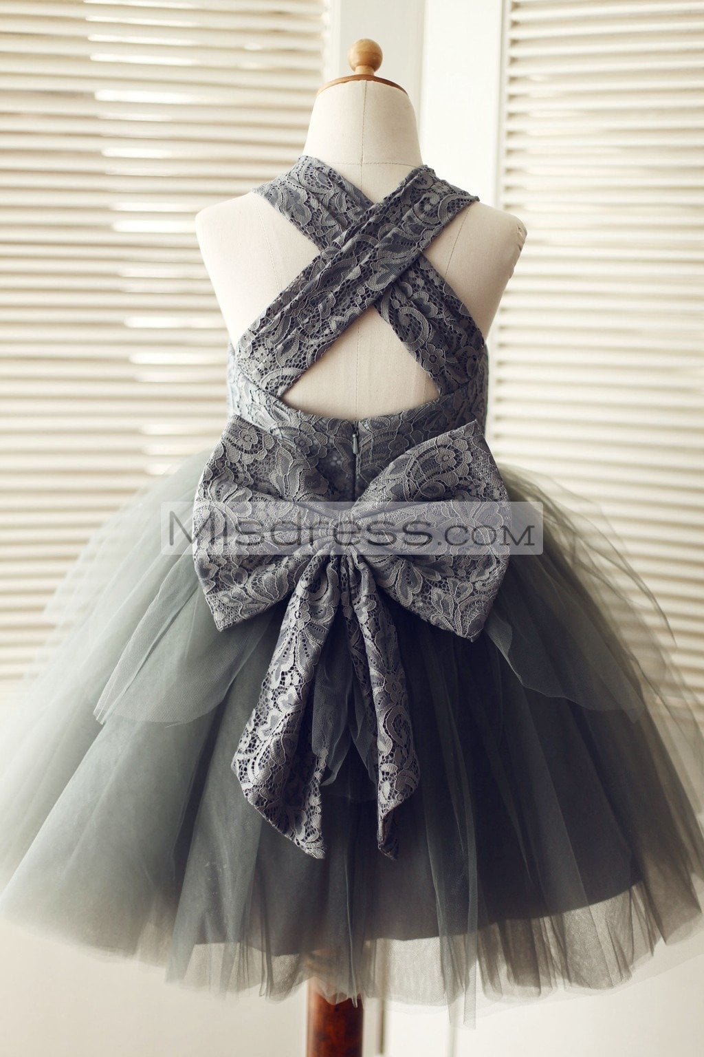 Backless Gray Lace Tulle Flower Girl Dress with Big Bow - Flower Girl Dresses